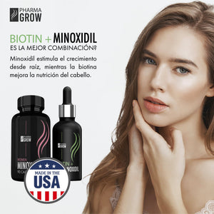 Pharma Grow KIT Mujer para el Crecimiento y Fortalecimiento del Cabello Minoxidil 5% con Biotina (Solución Tópica) + Minoxidil 1 mg (90 Cápsulas) - Pharma Grow