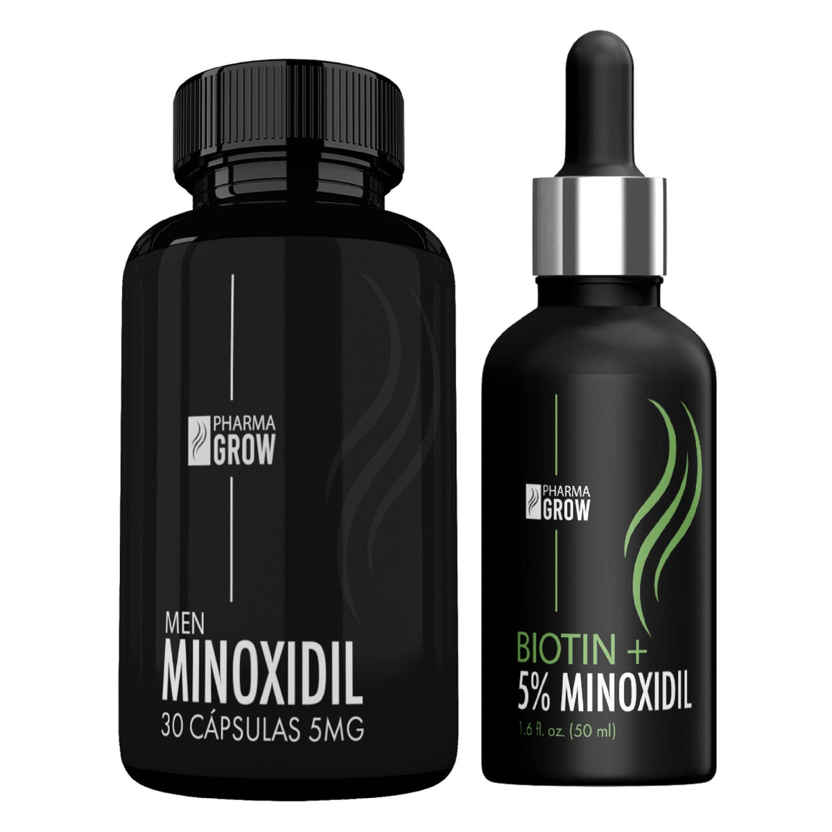 Pharma Grow KIT Hombre para el Crecimiento y Fortalecimiento del Cabello Minoxidil 5 mg (30 Cáps) + Minoxidil 5% con Biotina (Solución Tópica 50 ml) - Pharma Grow