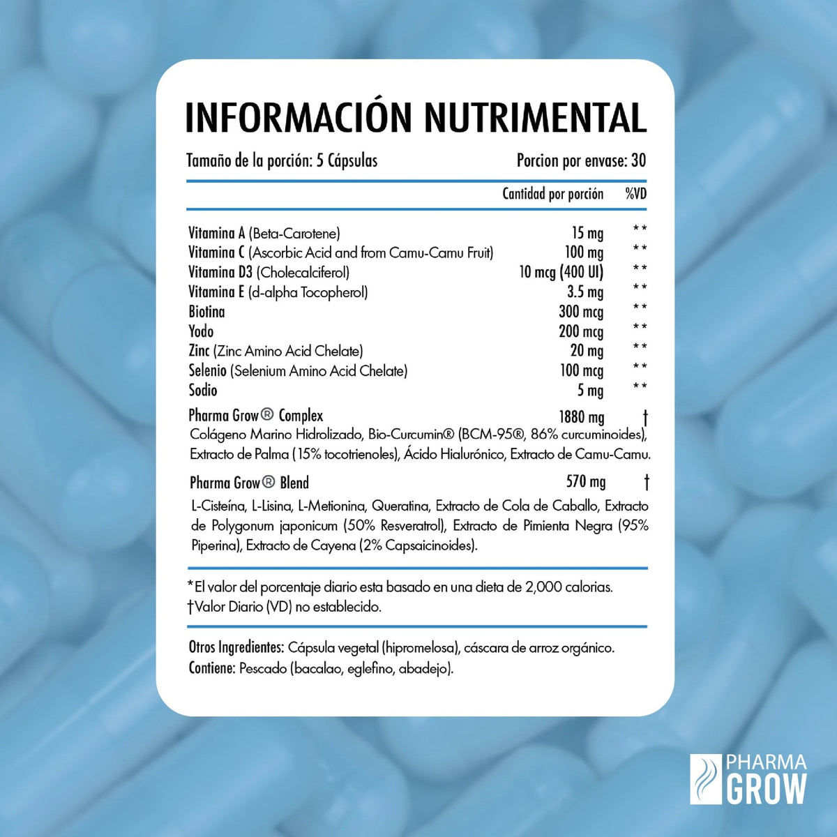 Tabla nutricional - GROW 360 Hair Vitamins Suplemento para la Caída y fortalecimiento del Cabello para Hombres - Pharma Grow Labs. Envíos a todo México.