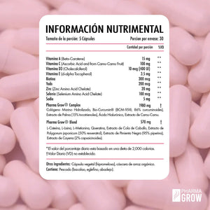 Tabla nutricional - GROW 360 Hair Vitamins | Suplemento para la Caída y Fortalecimiento del Cabello para Mujeres - Pharma Grow Labs. Envíos a todo México.