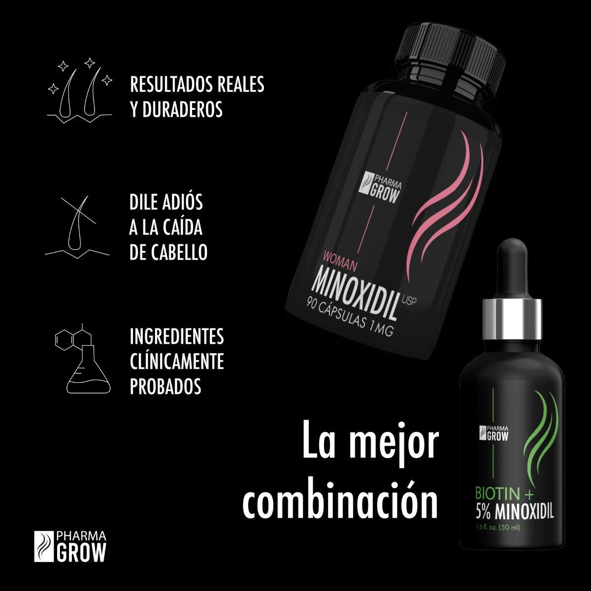 Beneficios - Kit para el Crecimiento y Fortalecimiento del Cabello Minoxidil 5% con Biotina (Solución Tópica) + Minoxidil 1 mg (90 Cápsulas) - Pharma Grow Labs. Envíos a todo México.