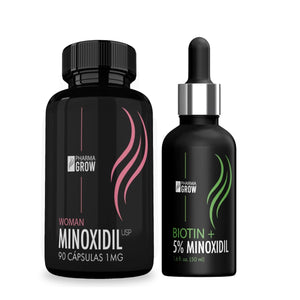 Kit para el Crecimiento y Fortalecimiento del Cabello Minoxidil 5% con Biotina (Solución Tópica) + Minoxidil 1 mg (90 Cápsulas) - Pharma Grow Labs. Envíos a todo México.