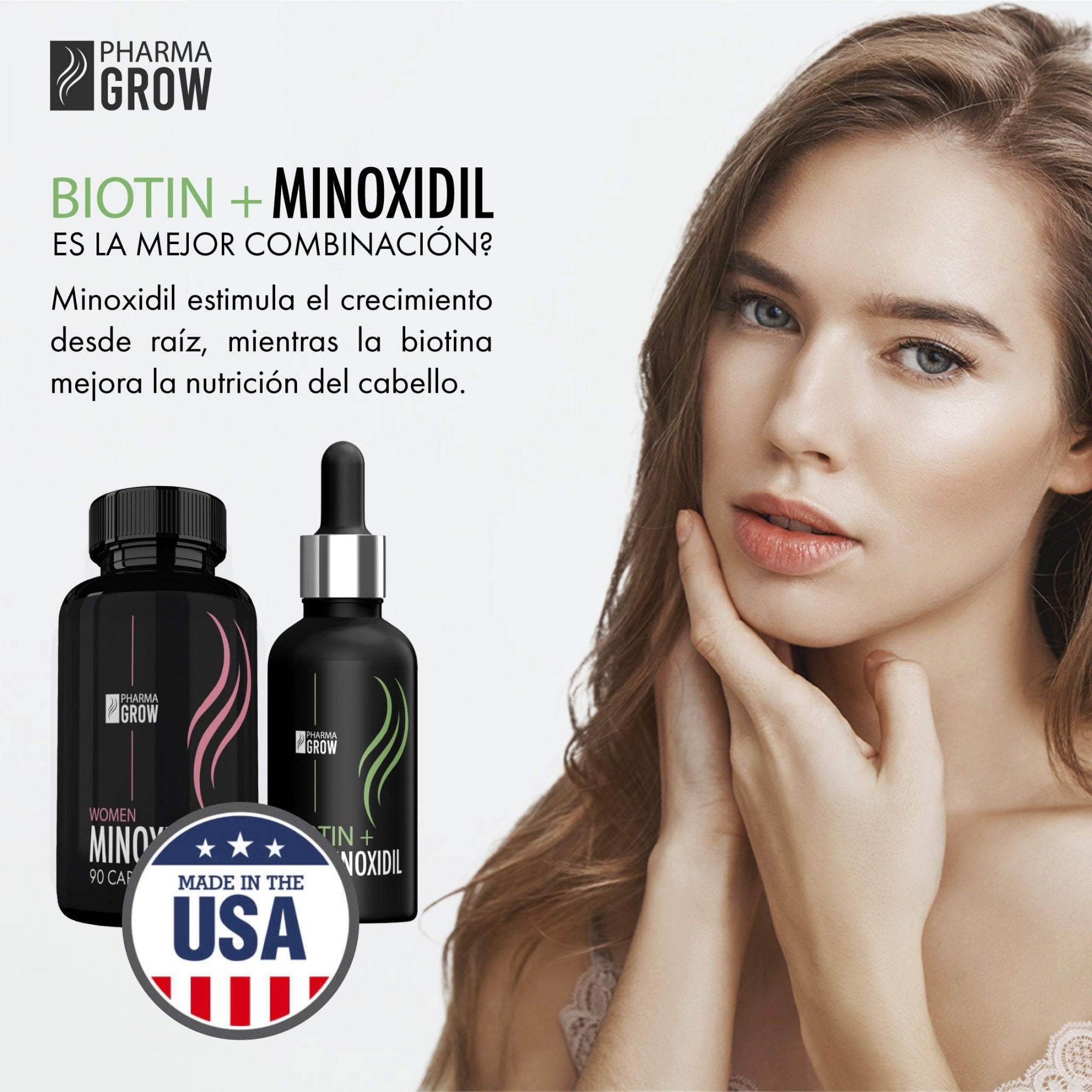 Pharma Grow KIT Mujer para el Crecimiento y Fortalecimiento del Cabello Minoxidil 5% con Biotina (Solución Tópica) + Minoxidil 1 mg (90 Cápsulas) - Pharma Grow