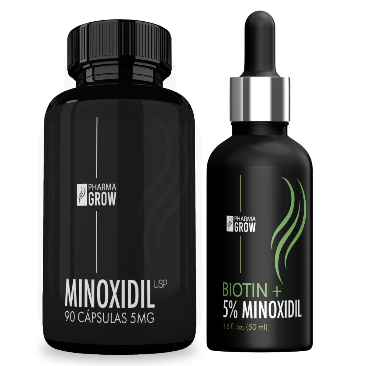 Kit para Crecimiento y Fortalecimiento del Cabello Minoxidil 5 mg (90 Cápsulas) + Minoxidil 5% con Biotina (Solución Tópica 50 ml) - Pharma Grow Labs. Envíos a todo México.