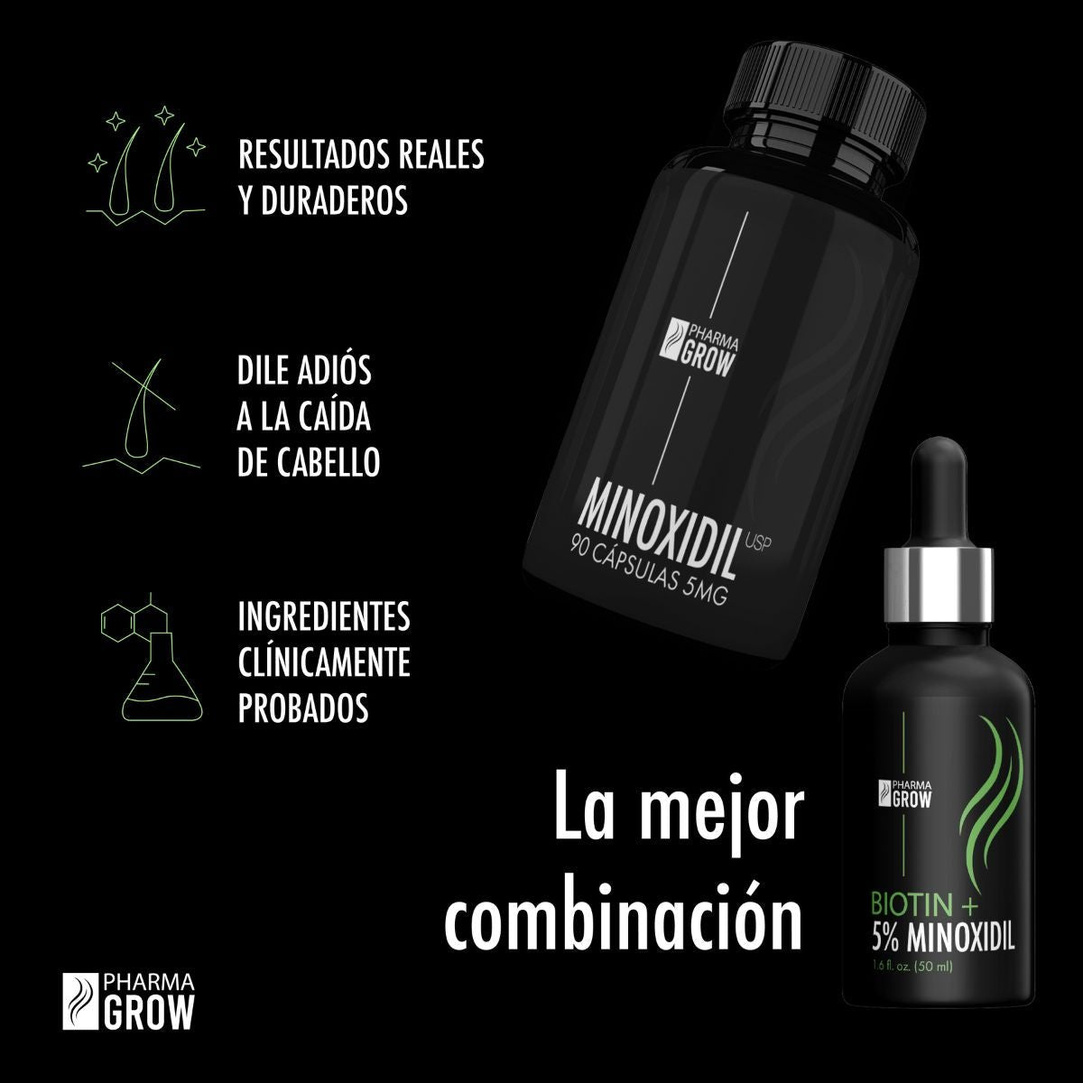 Beneficios - Kit para Crecimiento y Fortalecimiento del Cabello Minoxidil 5 mg (90 Cápsulas) + Minoxidil 5% con Biotina (Solución Tópica 50 ml) - Pharma Grow Labs. Envíos a todo México.