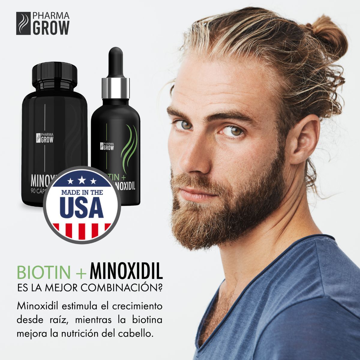 Propiedades  Kit para Crecimiento y Fortalecimiento del Cabello Minoxidil 5 mg (90 Cápsulas) + Minoxidil 5% con Biotina (Solución Tópica 50 ml) - Pharma Grow Labs. Envíos a todo México.