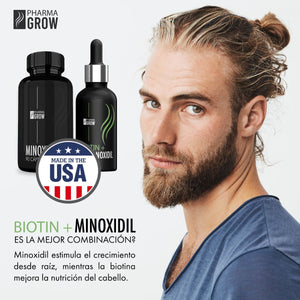Propiedades  Kit para Crecimiento y Fortalecimiento del Cabello Minoxidil 5 mg (90 Cápsulas) + Minoxidil 5% con Biotina (Solución Tópica 50 ml) - Pharma Grow Labs. Envíos a todo México.