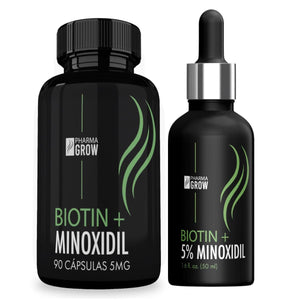 Kit Completo para el Crecimiento y Fortalecimiento del Cabello Minoxidil 5% con Biotina (Solución Tópica) + Minoxidil 2.5% + Biotina 2.5% (90 Cápsulas) - Pharma Grow Labs. Envíos a todo México.