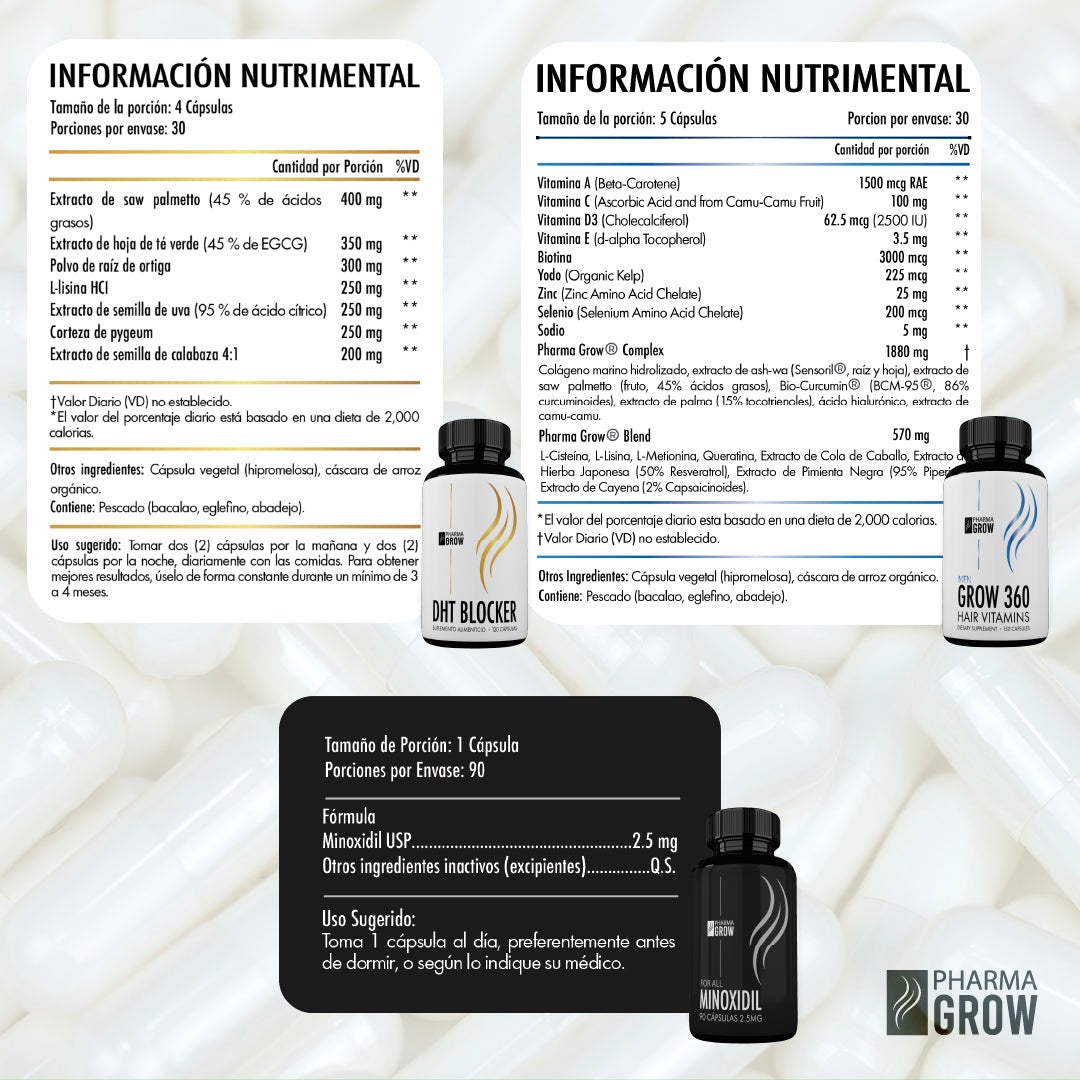 Pharma Grow Kit Minoxidil 2.5 mg + Hair Vitamins Grow 360 Men + DHT Blocker - Pharma Grow