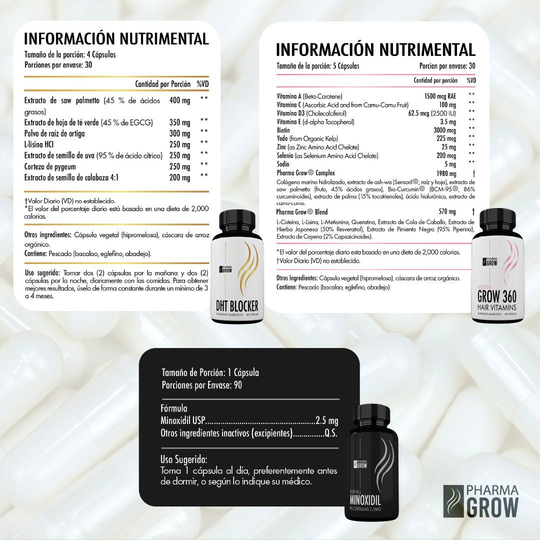 Pharma Grow Kit Minoxidil 2.5 mg + Hair Vitamins Grow 360 Women + DHT Blocker - Pharma Grow