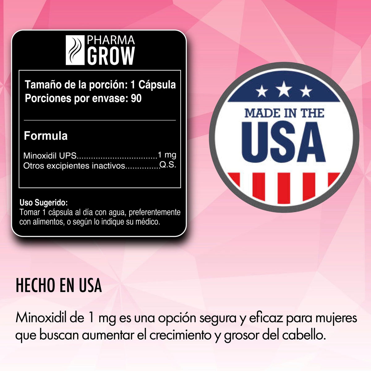 Pharma Grow Minoxidil 1mg oral Crecimiento y fortalecimiento de Cabello para mujeres - Pharma Grow