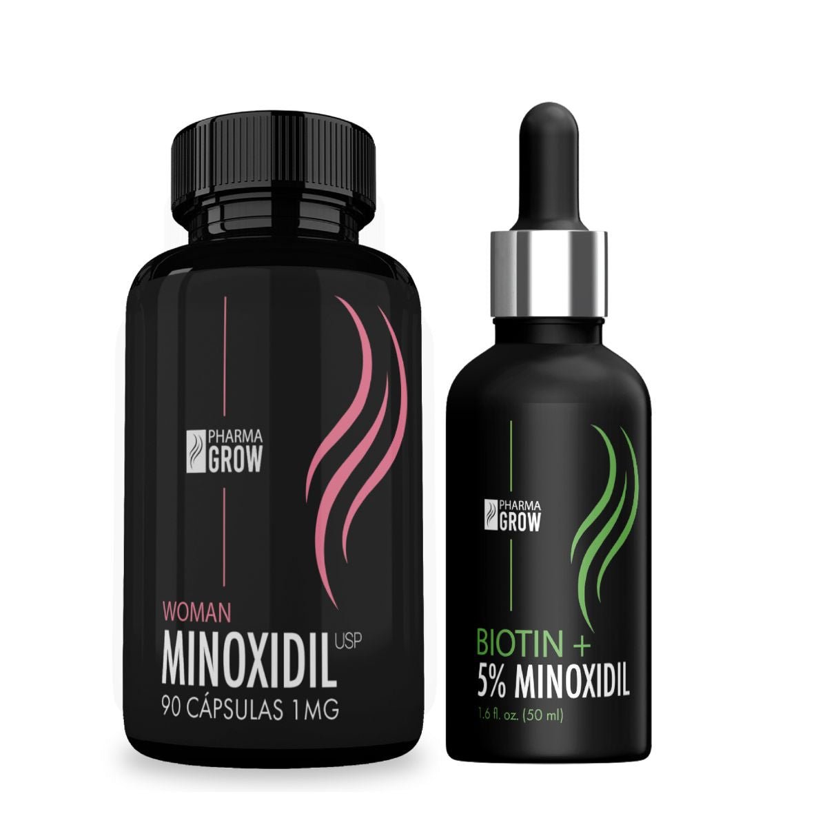 Pharma Grow KIT Mujer para el Crecimiento y Fortalecimiento del Cabello Minoxidil 5% con Biotina (Solución Tópica) + Minoxidil 1 mg (90 Cápsulas) - Pharma Grow