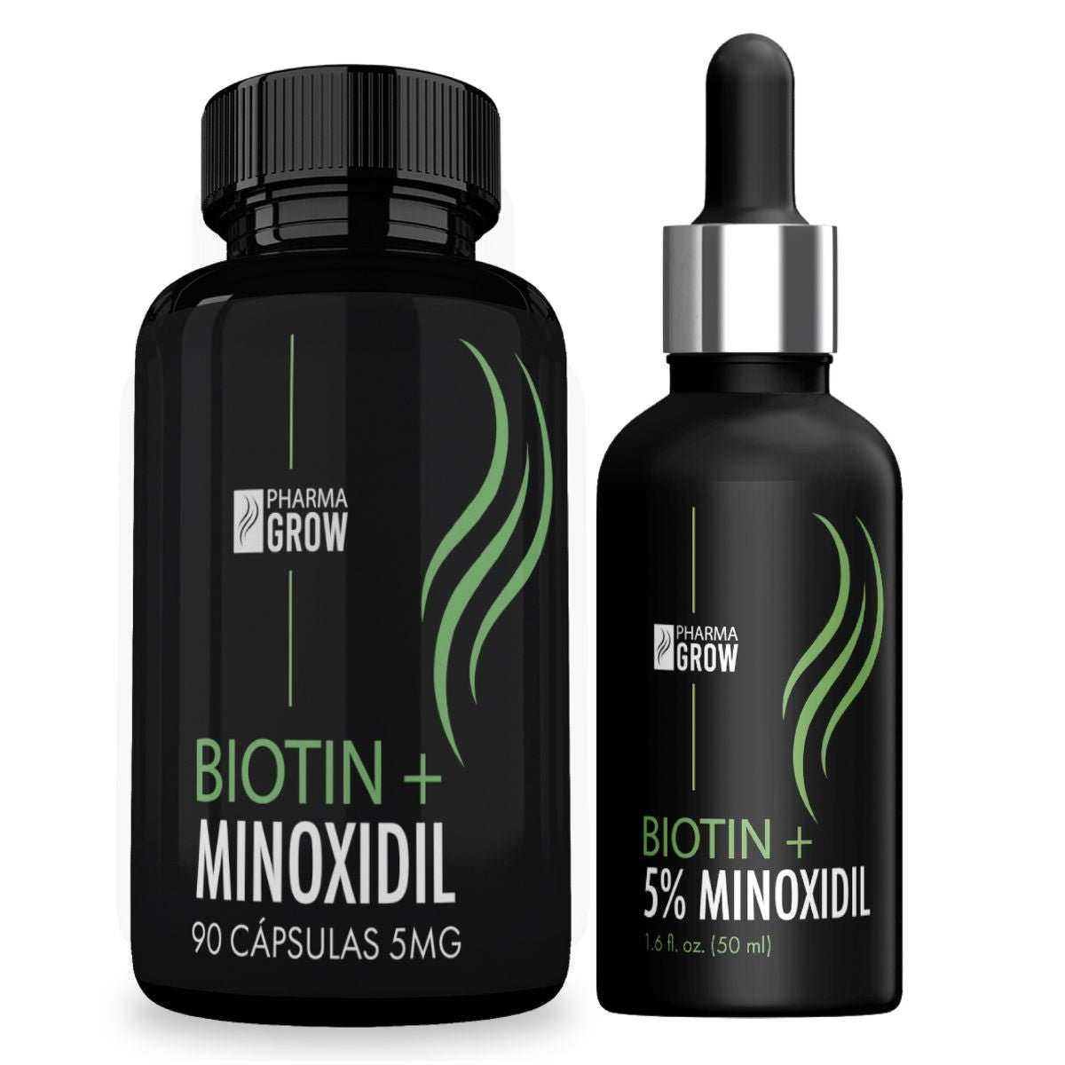 Pharma Grow KIT Completo para el Crecimiento y Fortalecimiento del Cabello Minoxidil 5% con Biotina (Solución Tópica) + Minoxidil 2.5% + Biotina 2.5% (90 Cápsulas) - Pharma Grow