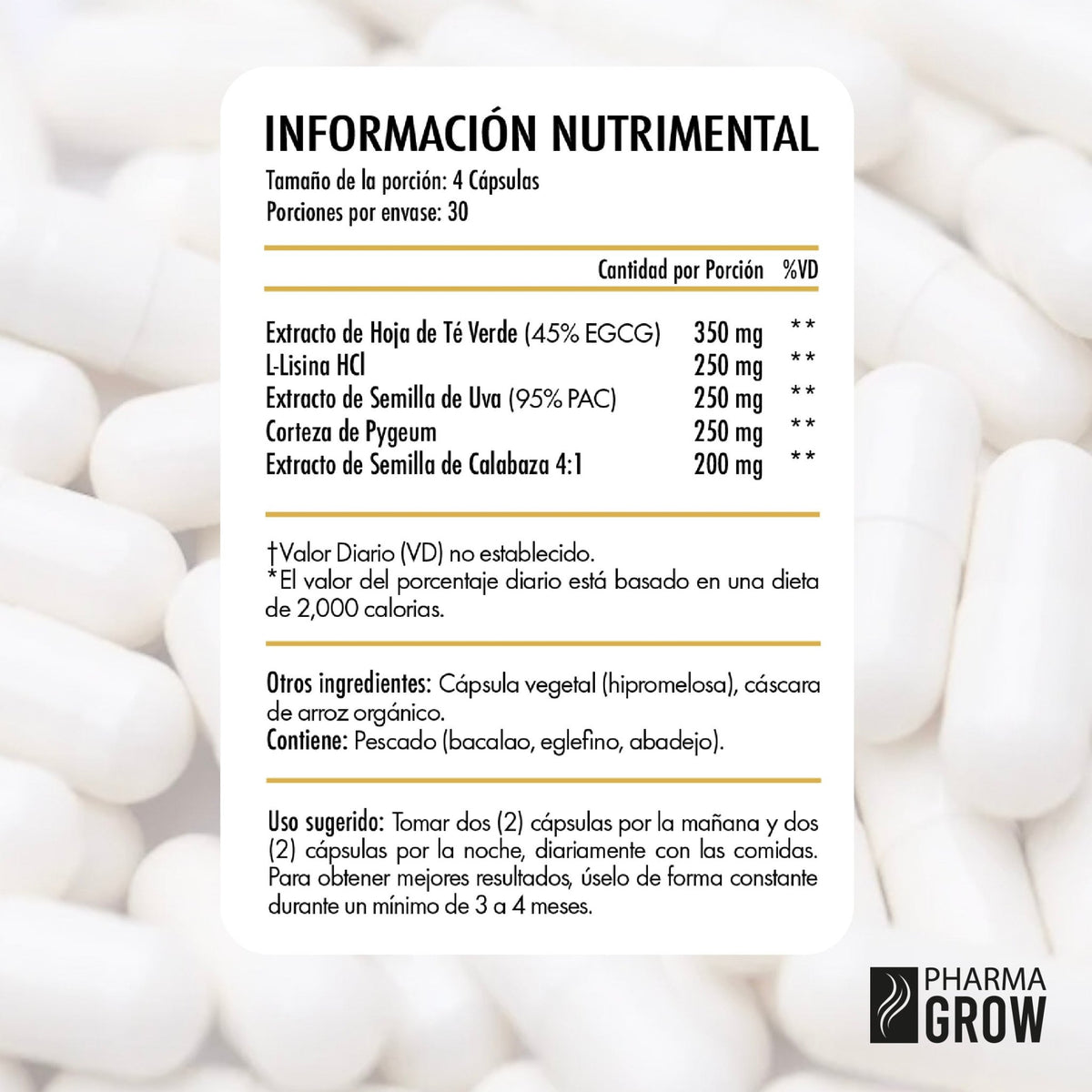 Tabla nutricional - DHT Blocker Fortalece el Cabello y Detiene la Caída Para Hombre y Mujer - Pharma Grow Labs. Envíos a todo México.