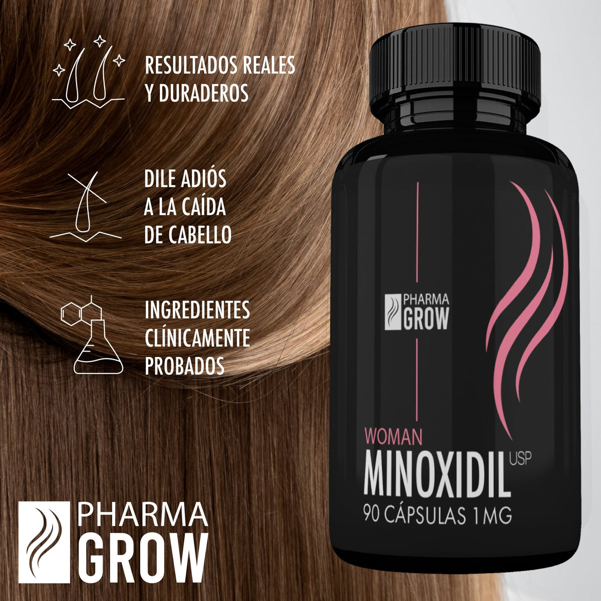 Beneficios - Minoxidil 1mg oral Crecimiento y fortalecimiento de Cabello para mujeres - Pharma Grow Labs. Envíos a todo México.