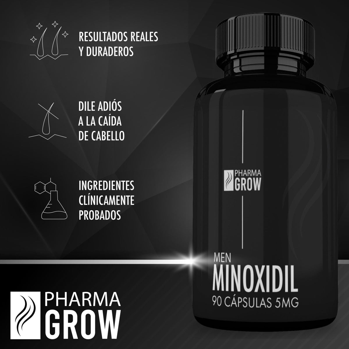 Beneficios - Minoxidil 5 mg Oral para el Crecimiento y fortalecimiento de Cabello para Hombre - Pharma Grow Labs. Envíos a todo México.