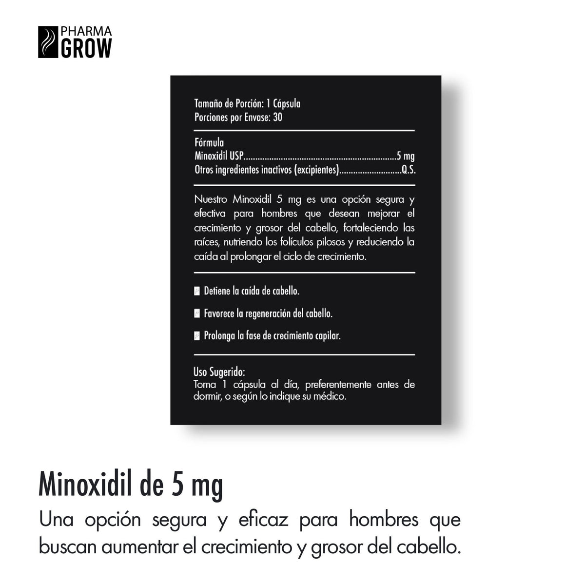 Tabla nutricional - Pharma Grow Minoxidil Oral 5 mg – 30 Cápsulas | Starter Size - Pharma Grow Labs. Envíos a todo México.