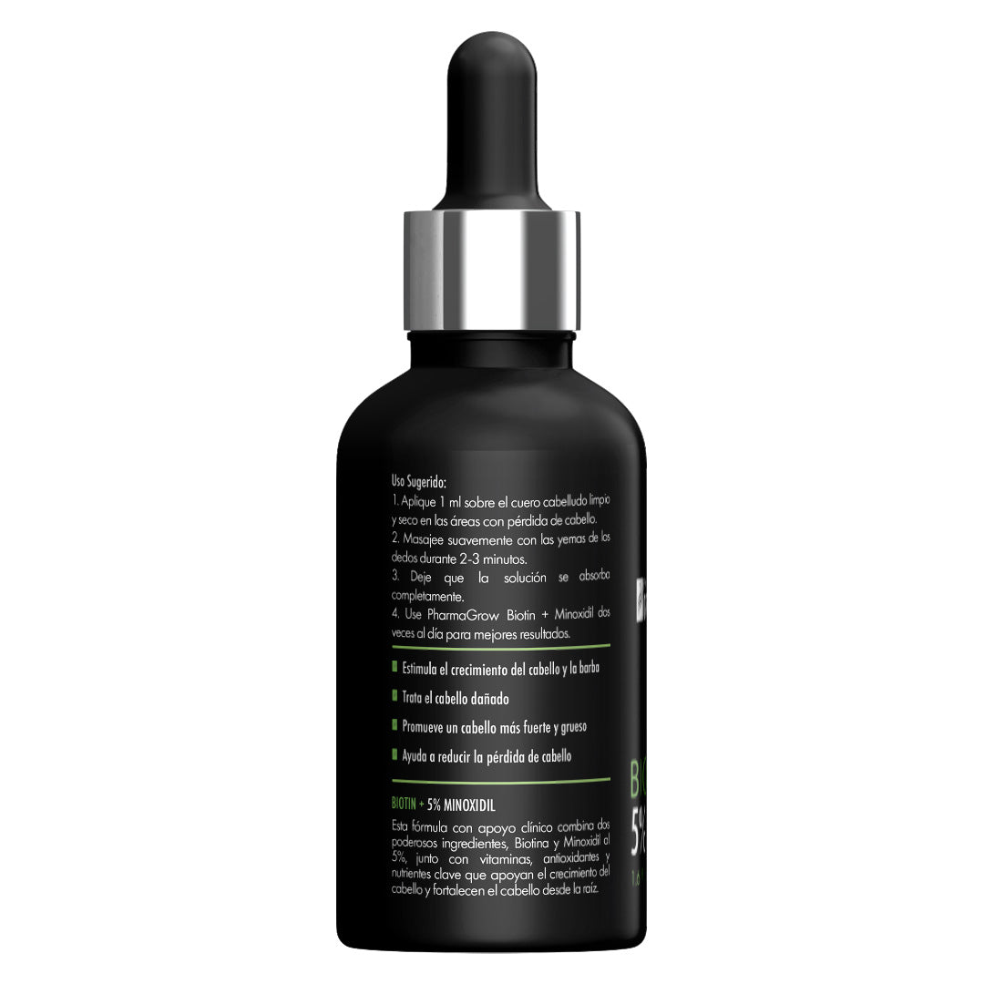 Información - Minoxidil 5% con Biotina: Solución topica para el Crecimiento del Cabello - Pharma Grow Labs. Envíos a todo México.