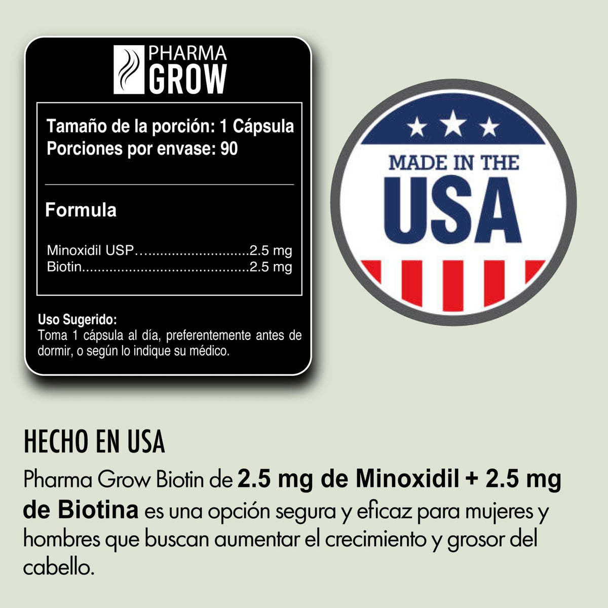 Pharma Grow Minoxidil 2.5 mg + Biotina 2.5 mg Oral para el Crecimiento y Fortalecimiento del Cabello - Pharma Grow